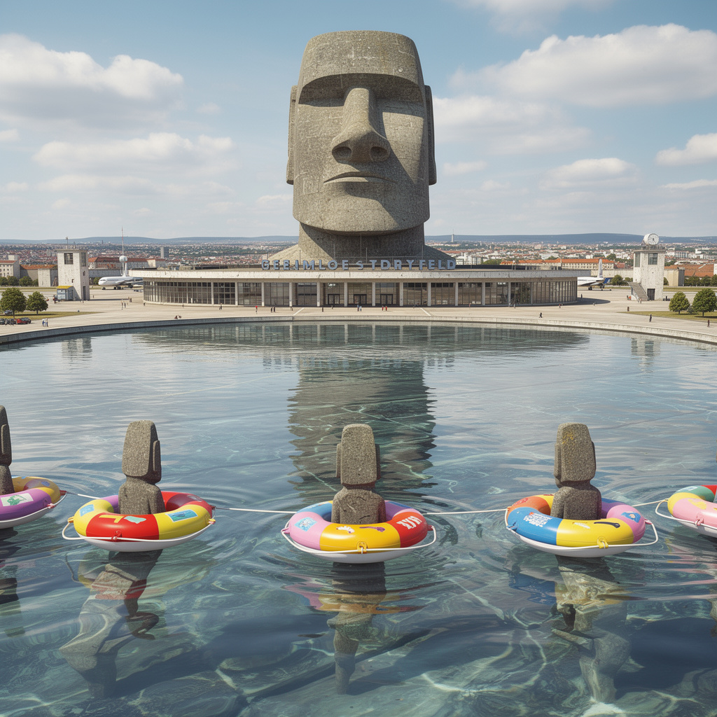 Eine surreale Vision des Tempelhofer Feldes: Das Terminal als Moai-Statue, schwimmende Moais im Vordergrund in gläserner Screensaver-Ästhetik auf durchgehender Wasserfläche.