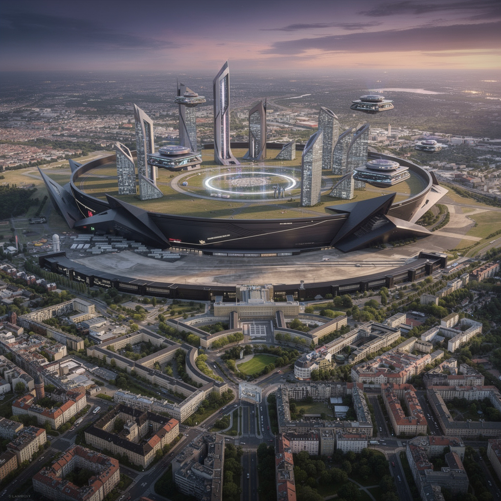 Futuristische Vision des Tempelhofer Feldes im Jahr 3050 mit dunklem, imposanten Flughafengebäude und futuristischen Wohnstrukturen auf dem Feld.