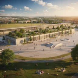 Zukunftsvision des Tempelhofer Feldes mit erhaltenem Rollfeld zum Skaten, kleinem Skatepark, Wiesen zum Picknicken, kleinem Waldstück und dem historisch renovierten Flughafengebäude mit begrünten Dachgärten.