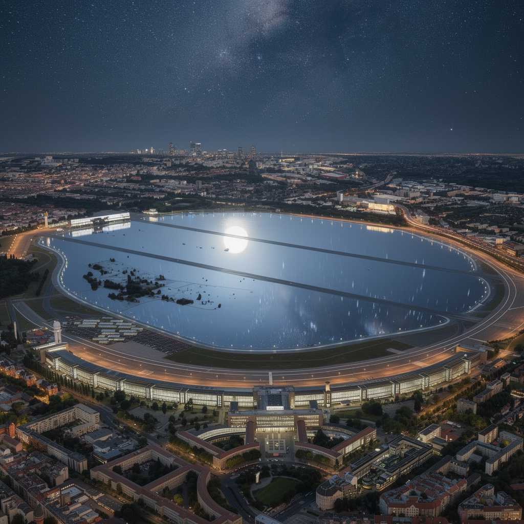 Eine surreale Nachtszene des Tempelhofer Feldes: Das gesamte Feld und das Flughafengebäude sind komplett verspiegelt und reflektieren den sternenklaren Himmel mit Mond, Milchstraße und Stadtlichtern.