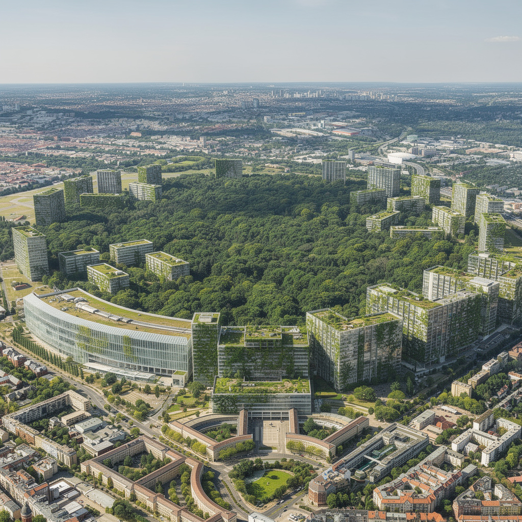 Zukunftsvision des Tempelhofer Feldes: Ein dichter Wald mit integrierten, begrünten Wohngebäuden und einem lichtdurchfluteten Forschungsgebäude im historischen Flughafenterminal.