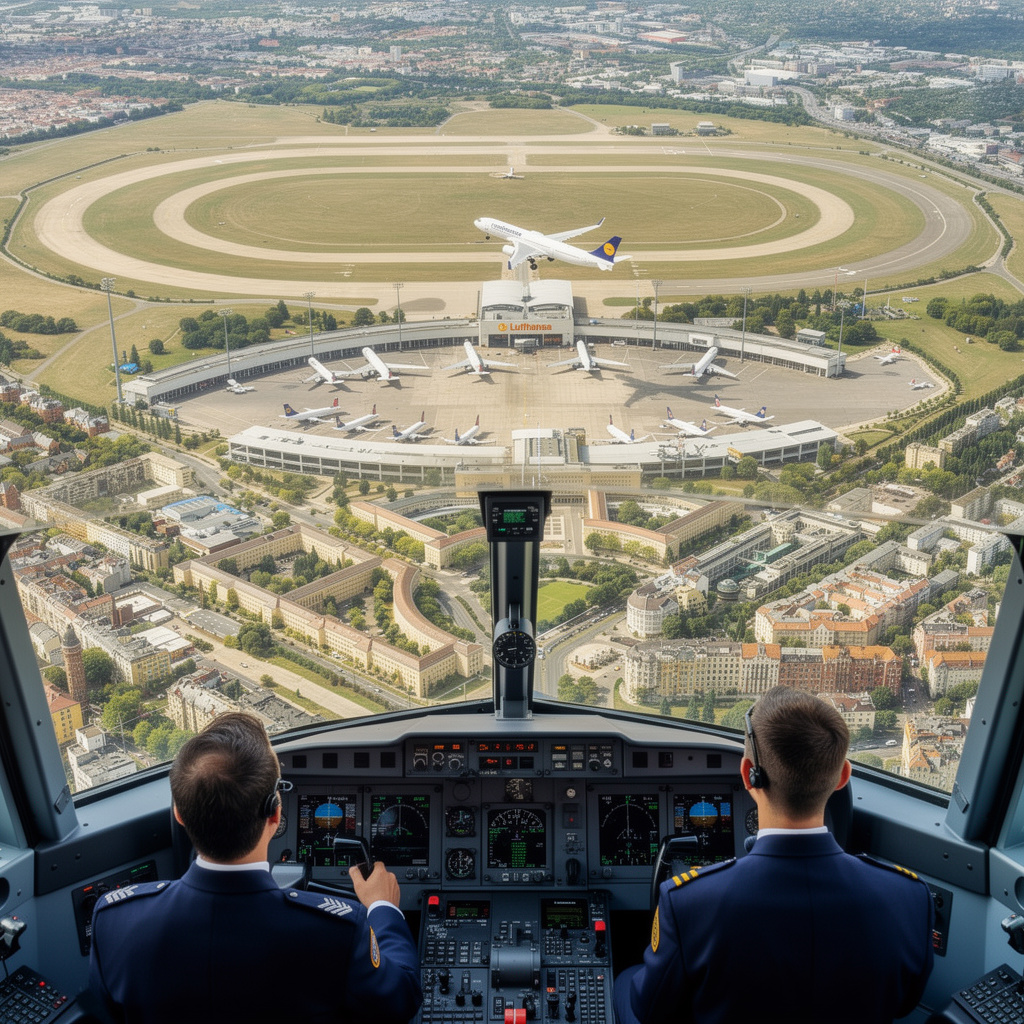 Zukunftsvision des Tempelhofer Feldes als aktiver Flughafen mit Lufthansa-Flugzeugen auf dem Rollfeld und Blick ins Cockpit mit zwei Piloten