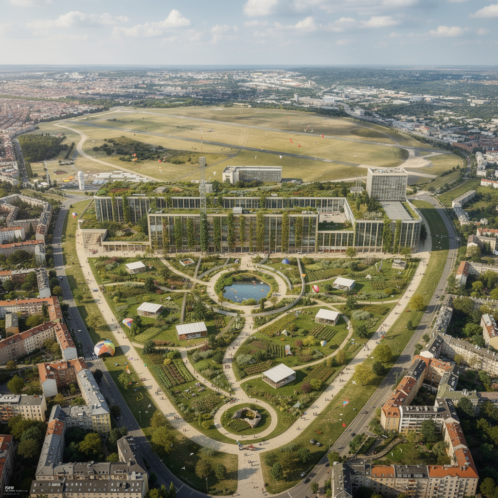 Zukunftsvision des Tempelhofer Feldes mit begrüntem Flughafengebäude, urbanem Park innerhalb des ovalen Rundwegs und unveränderter umliegender Blockrandbebauung.