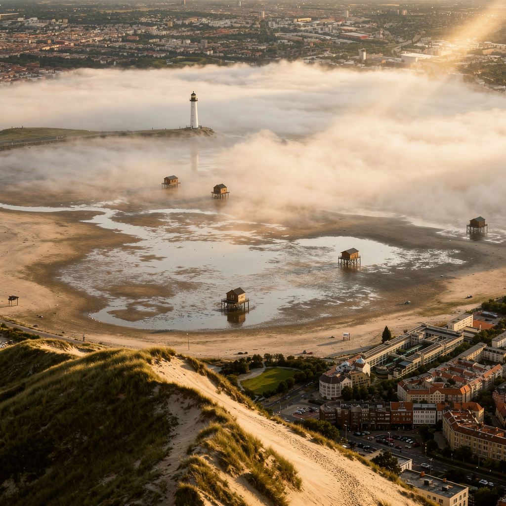 Eine mystische Zukunftsvision des Tempelhofer Feldes als Wattlandschaft im dichten Nebel, mit Strandhäusern auf Stelzen und einem Leuchtturm. Im Vordergrund ist eine Düne sichtbar, warmer Sonnenschein durchdringt den Nebel.