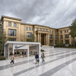 Zukunftsvision für das Haus der Jugend: Eine goldene Villa statt des alten Hauses, davor ein Sportstore im Nike-Stil und ein Platz aus Marmorplatten.