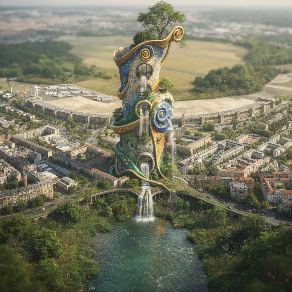 Ein 200 Meter hoher Hundertwasserturm mit Wasserfall am Tempelhofer Feld, Wildwasserfluss im Vordergrund, unscharfer Hintergrund, durchgehendes Hundertwasser-Feeling
