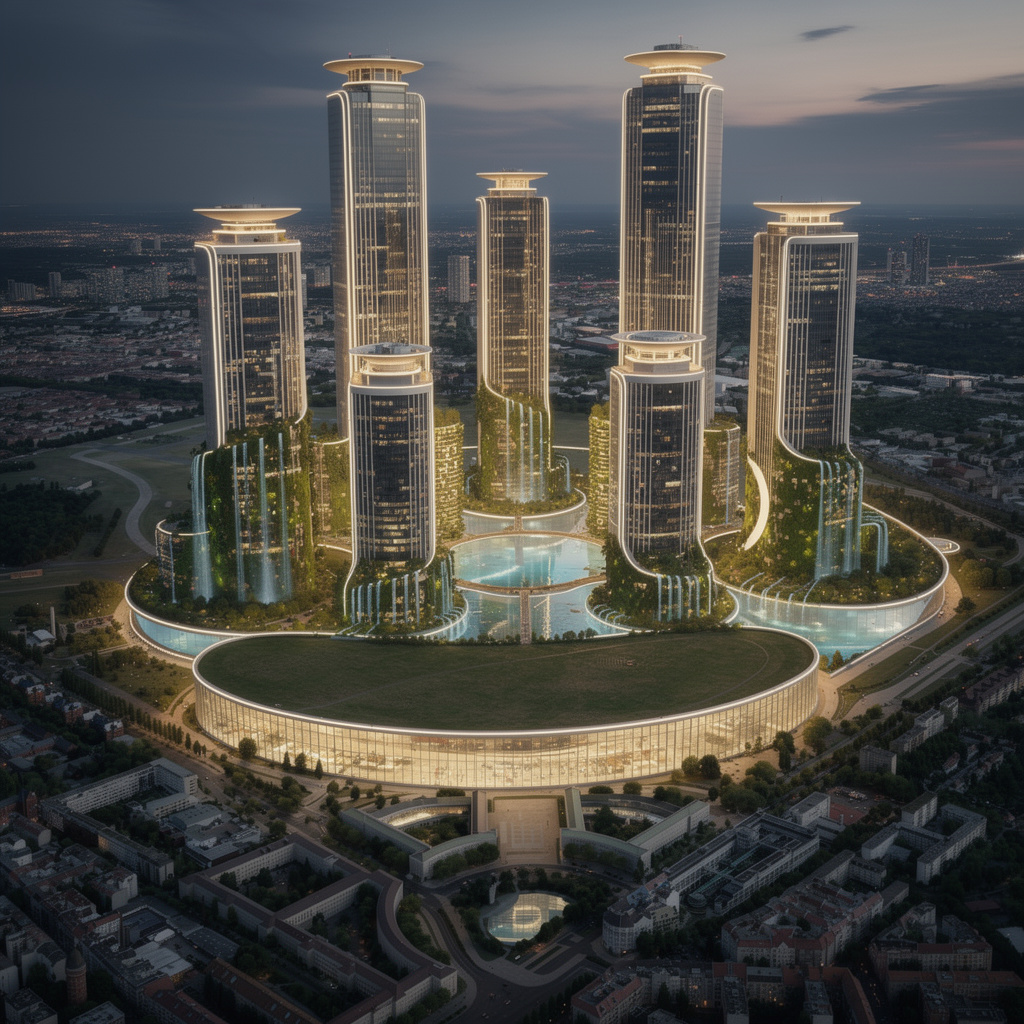 Eine futuristische Vision des Tempelhofer Feldes mit klimaneutralen Hochhäusern, viel Wasser und Natur bei Dämmerung. Das Flughafengebäude ist in die neue Bebauung integriert.