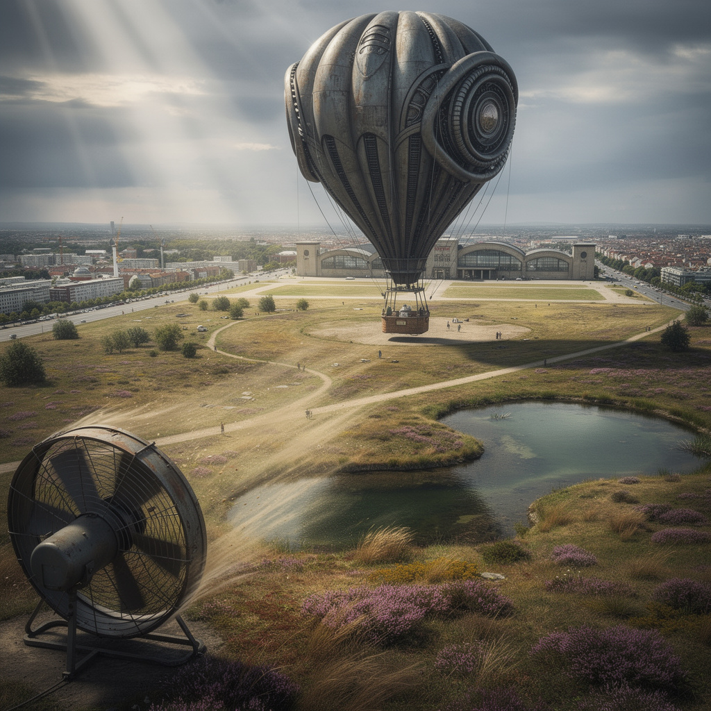Zukunftsvision des Tempelhofer Feldes: Heidelandschaft mit See, das Flughafengebäude als biomechanischer Heißluftballon im Giger-Stil, Ventilator bläst Luft aktiv Richtung Ballon