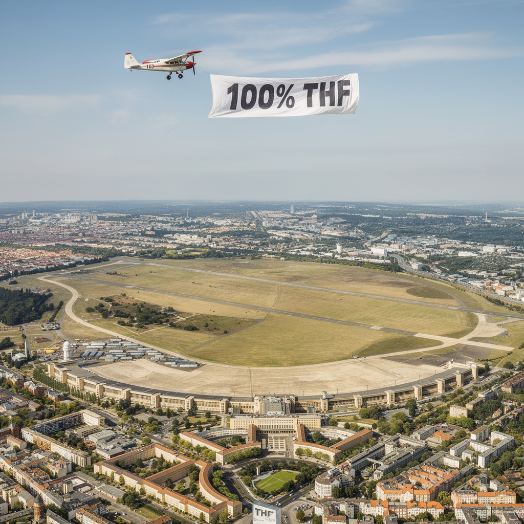 Das unveränderte Tempelhofer Feld mit einem Flugzeug, das ein Banner mit der Aufschrift 100% THF zieht.