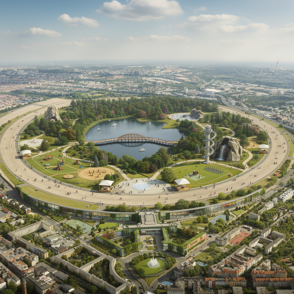 Zukunftsvision des Tempelhofer Feldes als grünes Erholungsgebiet mit See, Wald, Spielplätzen, Kletterpark, Springbrunnen, Open-Air-Bühne und dem historischen Flughafengebäude als Kulturzentrum – bei schönem Wetter mit glücklichen Menschen.