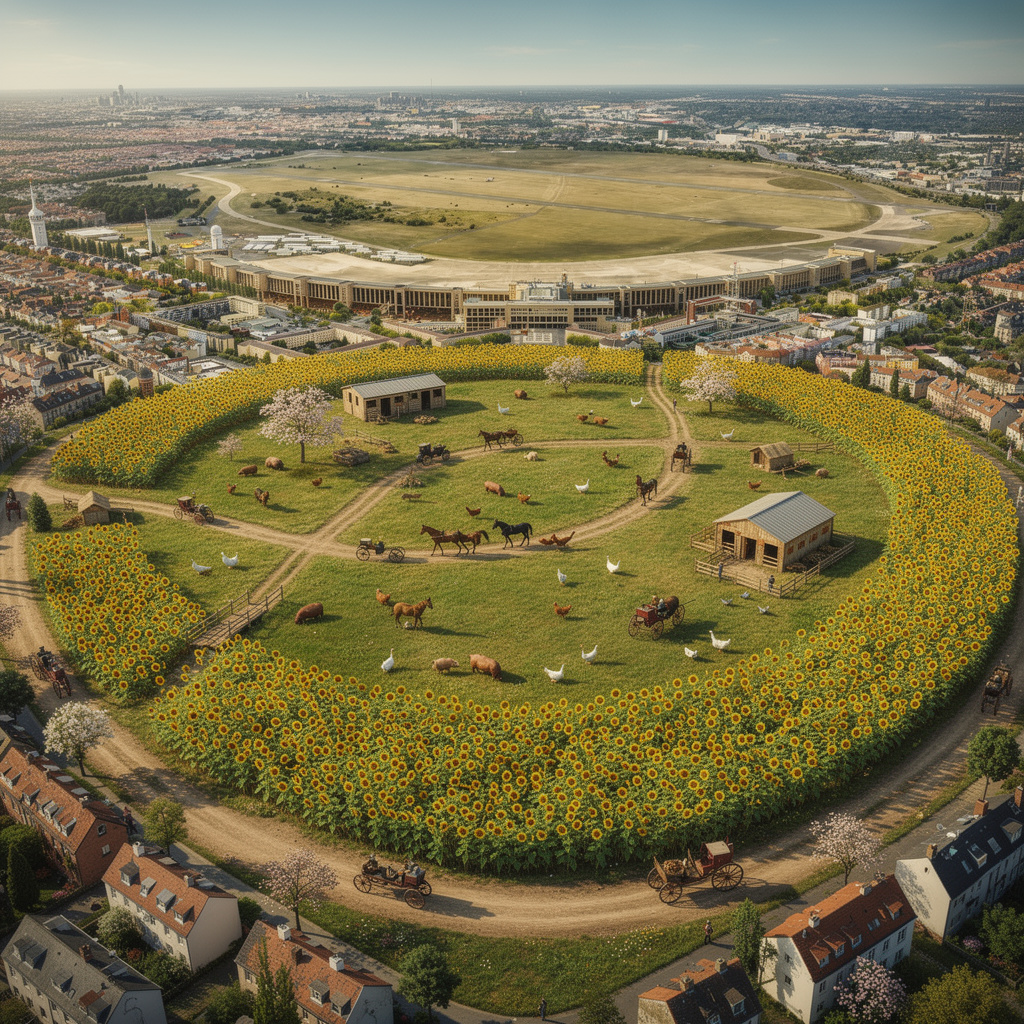 Zukunftsvision Tempelhofer Feld: Ein Dorfanger mit Hühnern, Schweinen, Gänsen und Brieftauben, umgeben von Sonnenblumenfeld. Das Flughafengebäude als Pferdestall, Pferdekutschen im Frühlingslicht.