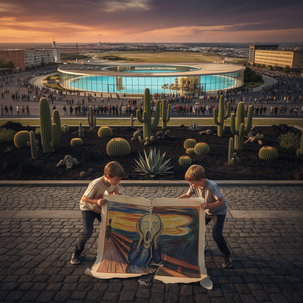 Vision des Tempelhofer Feldes als Lanzarote-Kakteengarten bei Abendstimmung, das Flughafengebäude als Schwimmbad und Kunstmuseum im Mies van der Rohe Stil, zwei Geschwister zerreißen deutlich erkennbar Edvard Munchs "Der Schrei" im Vordergrund.