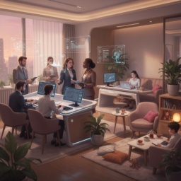 Visualisierung einer Arbeitswelt 2040 in der Verwaltung: Frauen führen in einem warmen, gemütlichen Büro, unterstützt von fortschrittlicher Technik, während Männer ausführende Rollen übernehmen. Vereinbarkeit von Familie und Beruf ist sichtbar integriert.