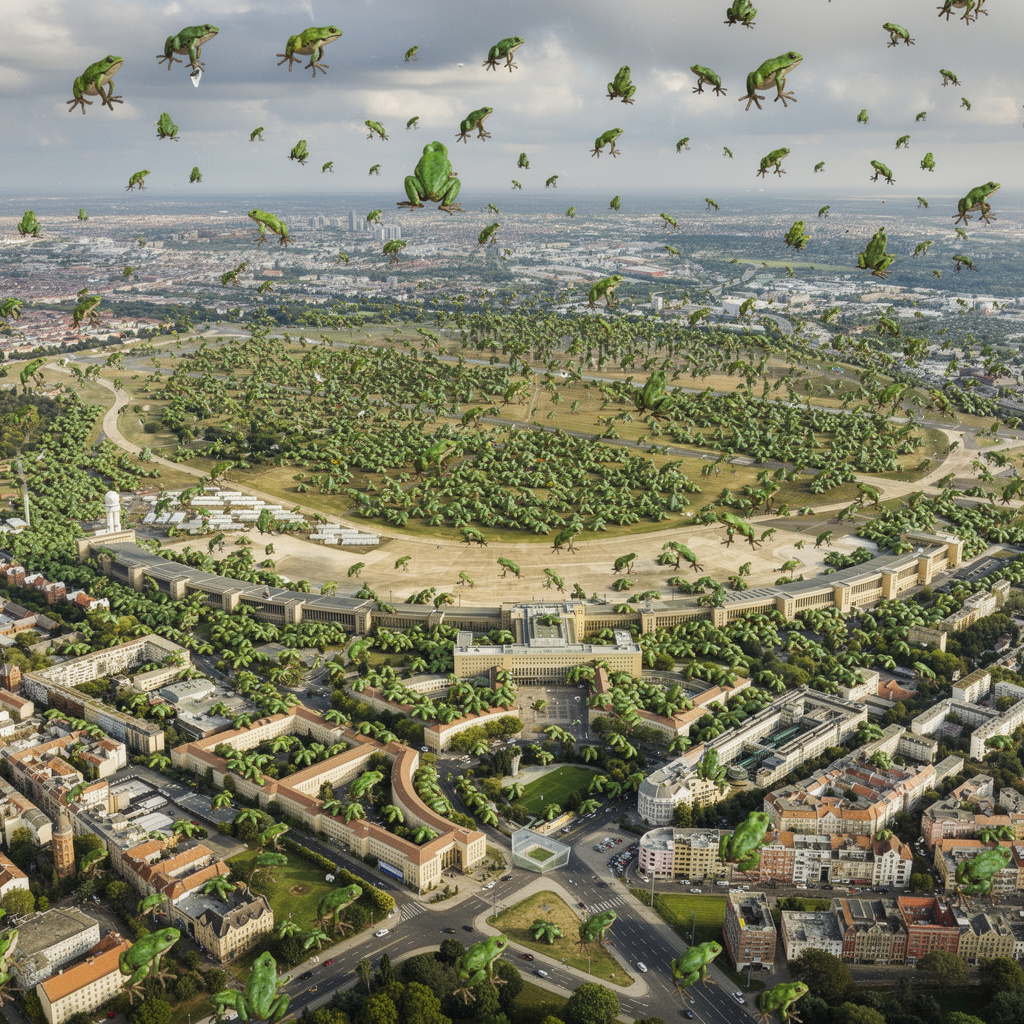 Eine surreale Zukunftsvision des Tempelhofer Feldes: Grüne Laubfrösche bedecken das gesamte Feld und das Flughafengebäude, während weitere Frösche vom Himmel herabregnen.