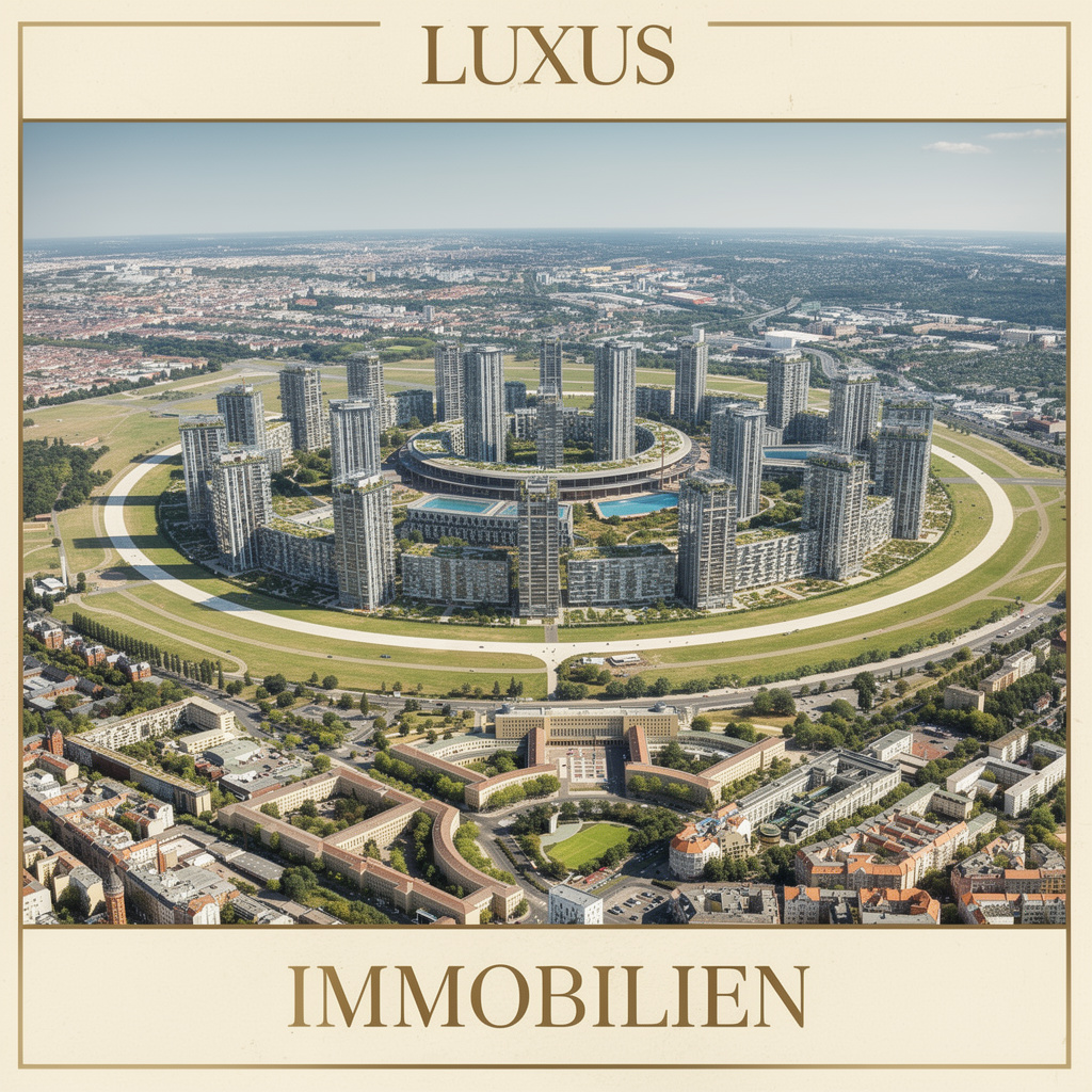Tempelhofer Feld als Luxus-Immobilien-Werbeplakat: Hochhäuser auf dem Feld, Flughafengebäude mit Pool auf dem Dach, sonniger Tag