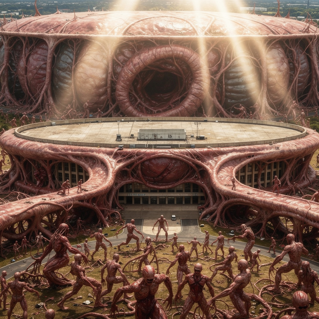 Eine extrem eingezoomte, fotorealistische Detailansicht der dystopischen Vision: Das Flughafengebäude als künstliche Gebärmutter mit organischen Texturen in höchster Auflösung, umgeben von sich reproduzierenden Klonen mit hyperrealistischen biologischen Details – immersiv und chaotisch.