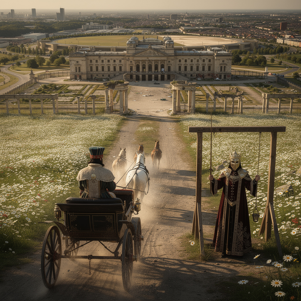 Eine realistische Zukunftsvision des Tempelhofer Feldes mit Schlossanlage, Margeritenwiese, königlicher Kutsche und einem maskierten König sowie Galgen im Vordergrund.