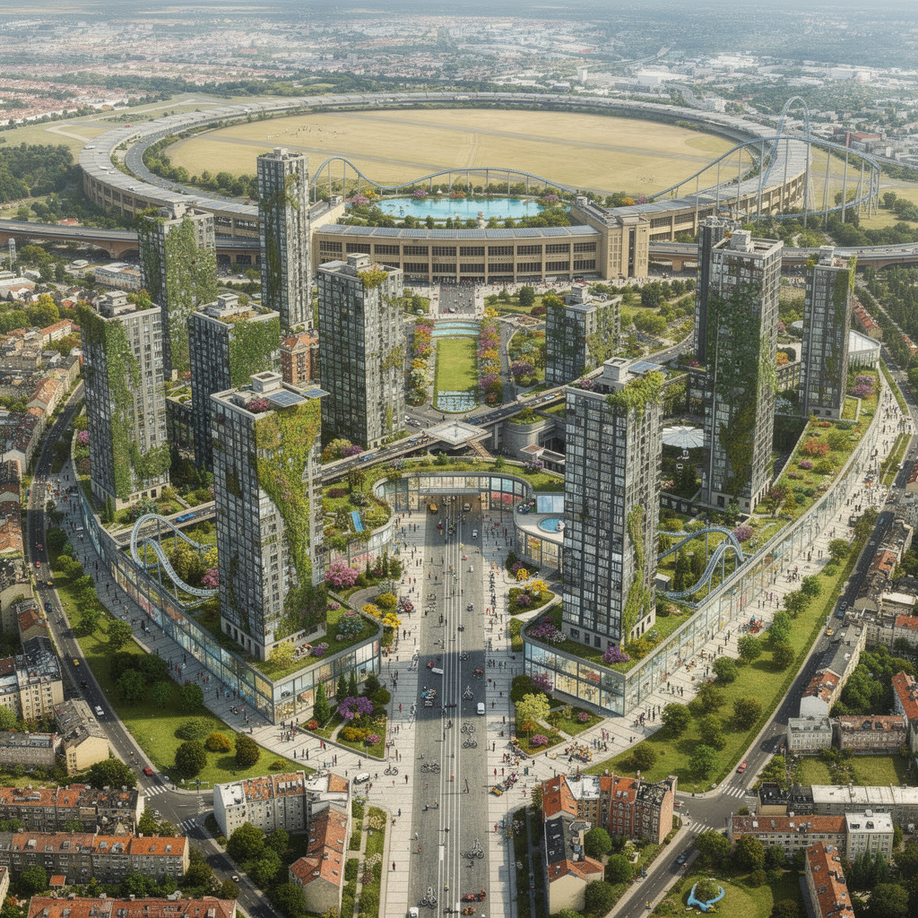 Futuristische Vision des Tempelhofer Feldes mit dichtem Wohnungsbau, grünen Hochhäusern, Einkaufsstraßen auf der Rollbahn und dem Flughafengebäude mit Swimmingpools und Achterbahn.