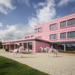 Die Lindenhof-Grundschule in einer Zukunftsvision: komplett pink und squishy wie aus weichem Needoh-Material, mit Kindern, die auf Einhörnern über den Schulhof reiten.