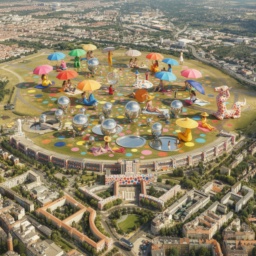 Zukunftsvision des Tempelhofer Feldes als Yayoi Kusama-inspirierte Kunstlandschaft mit Wasserflächen, farbig gestalteter Flughafenfassade und mediterraner Atmosphäre.