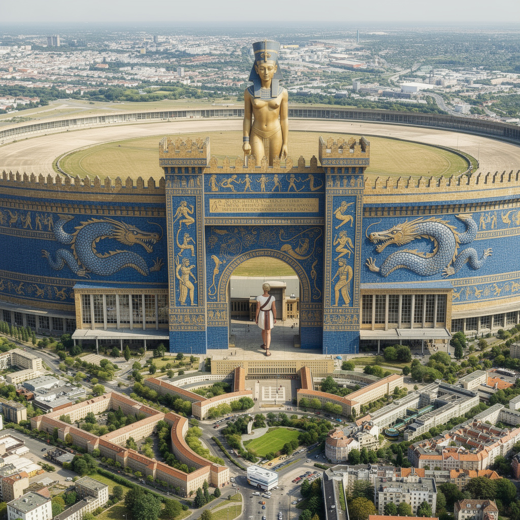 A vision of Tempelhofer Feld with the Ishtar Gate, Nefertiti, and Pergamon Altar.