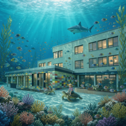 Die Lindenhof-Grundschule als Zukunftsvision unter Wasser, umgeben von Korallen, bunten Fischen und einem Hai, während Kinder auf Schildkröten durch den Schulhof reiten.