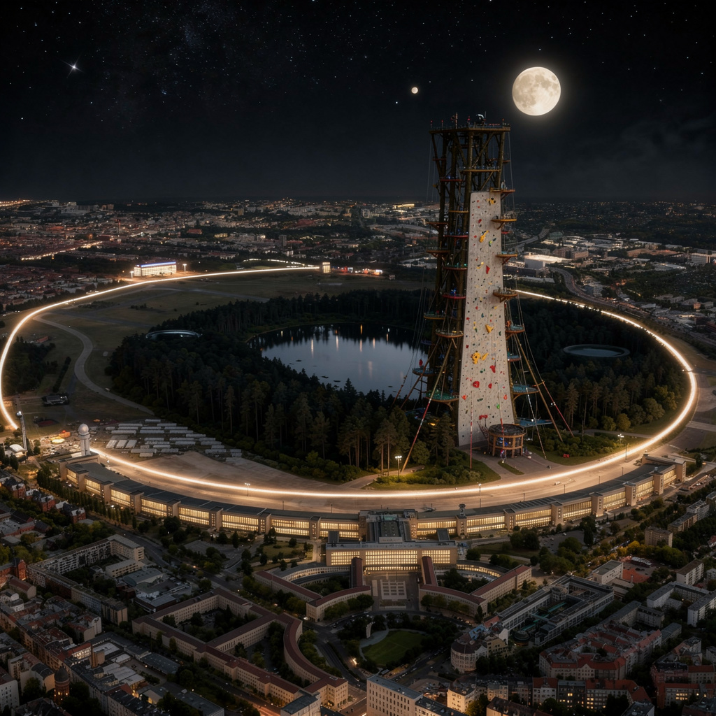Eine nächtliche Zukunftsvision des Tempelhofer Feldes mit einem kleinen See, Wald, dem Flughafengebäude als Kletterwald und dem Jupiter am Himmel.