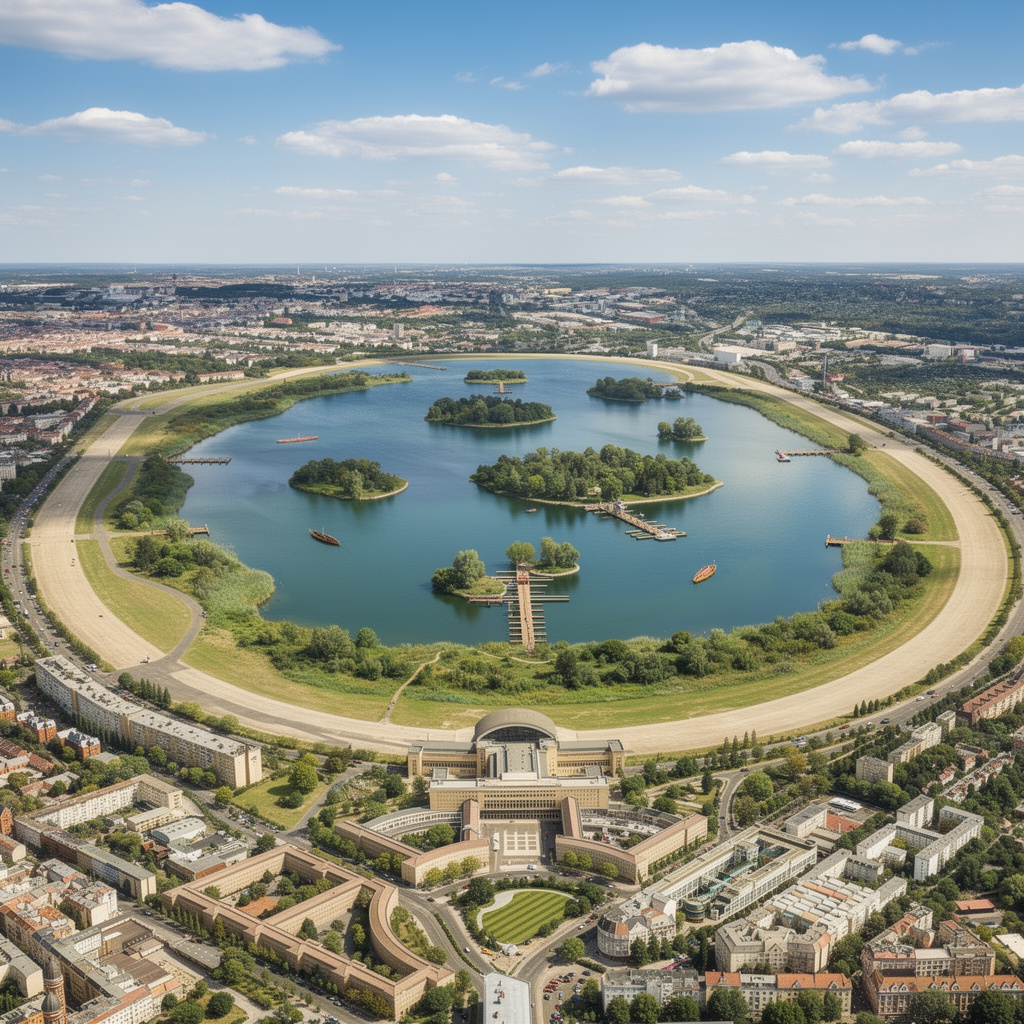Eine Zukunftsvision des Tempelhofer Feldes als grüne Wasserlandschaft mit Inseln, Stegen und Booten.