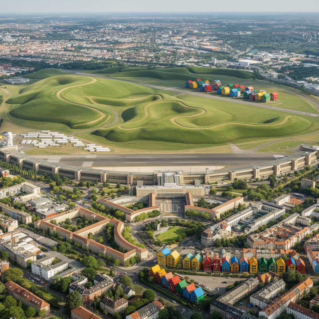 Zukunftsvision des Tempelhofer Feldes mit bunten Holzhäusern am Rand und sanften grünen Hügeln auf dem zentralen Feld, bestehende Gebäude und das Flughafengebäude bleiben unverändert.
