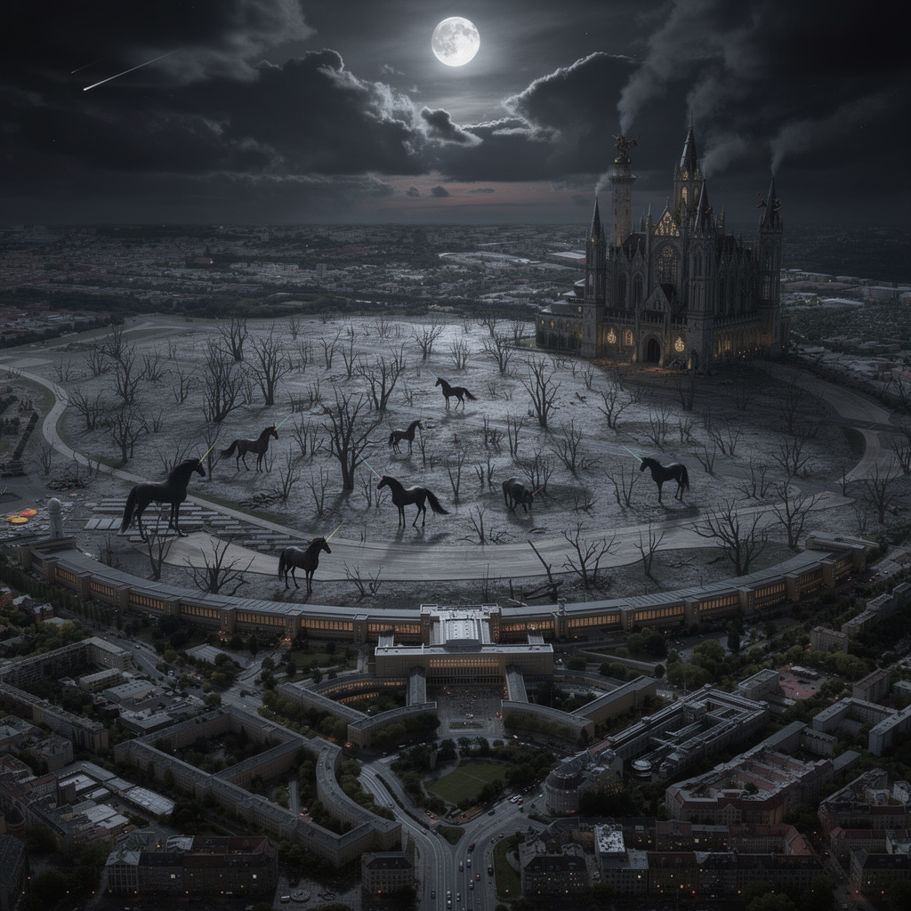 Eine düstere Zukunftsvision des Tempelhofer Feldes mit toten Bäumen, dunklen Einhörnern, einer verwandelten Burg und nächtlicher Atmosphäre mit Vollmond und Sternschnuppen.
