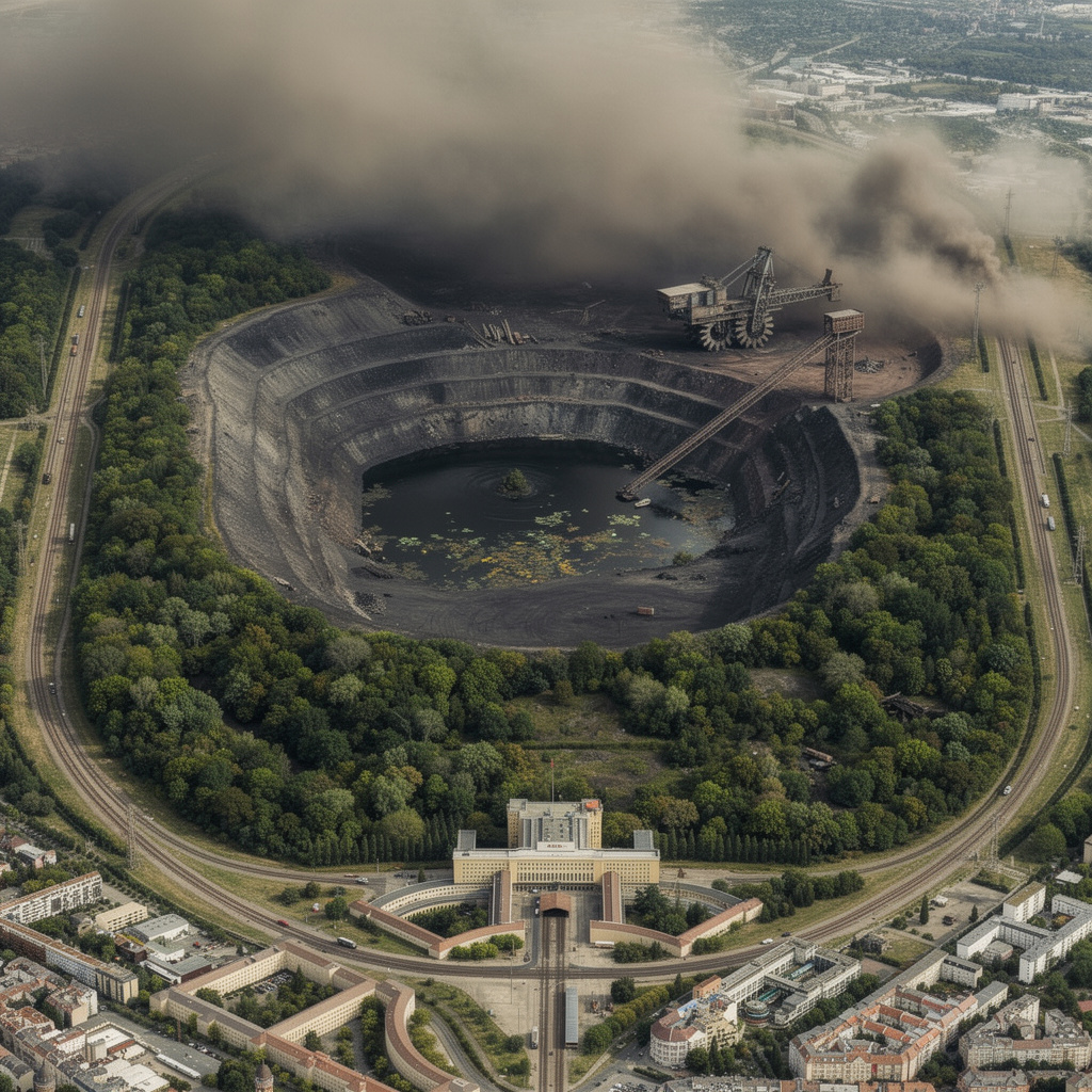 Eine dystopische Zukunftsvision des Tempelhofer Feldes als Kohletagebau mit Abraumbagger, Badesee aus Abraumwasser, Laubwald und dem Flughafengebäude als Bahnhof - alles in dichtem Smog.