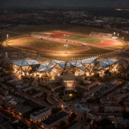 Vision des Tempelhofer Feldes als Olympiade-Austragungsort mit kubistischem Glasbau bei Nacht mit romantischer Beleuchtung