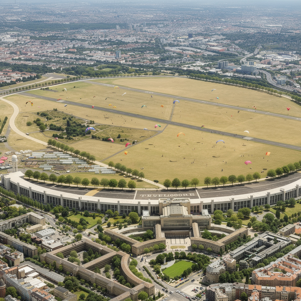 Zukunftsvision des Tempelhofer Felds: saniertes Flughafengebäude mit Markthalle und Bibliothek, Bäume am Rollfeld, Menschen beim Drachensteigen und Kite-Skaten bei Sonnenschein.