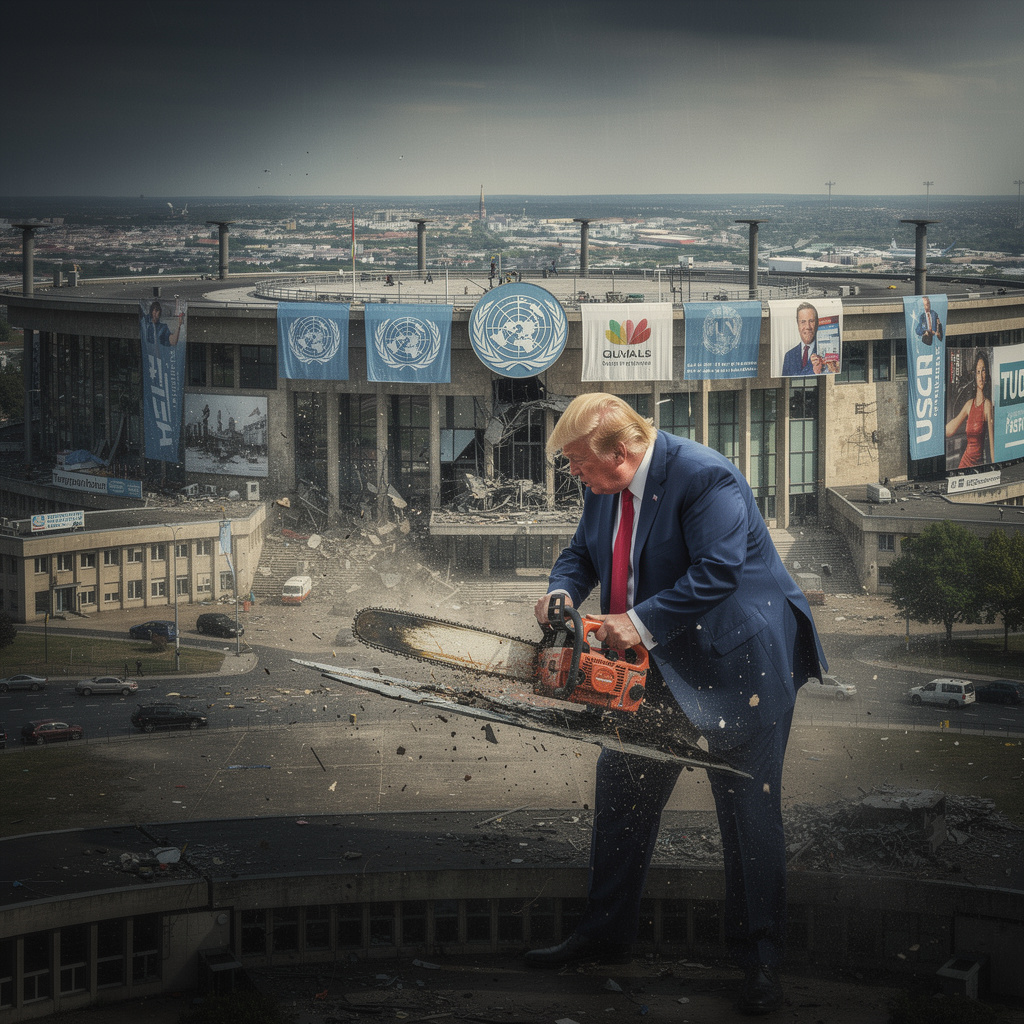 Zukunftsvision des Tempelhofer Feldes: Ein Riese mit erdbeerblondem Haar zersägt das UN-Gebäude mit UN-Werbung, martialisch und immersiv