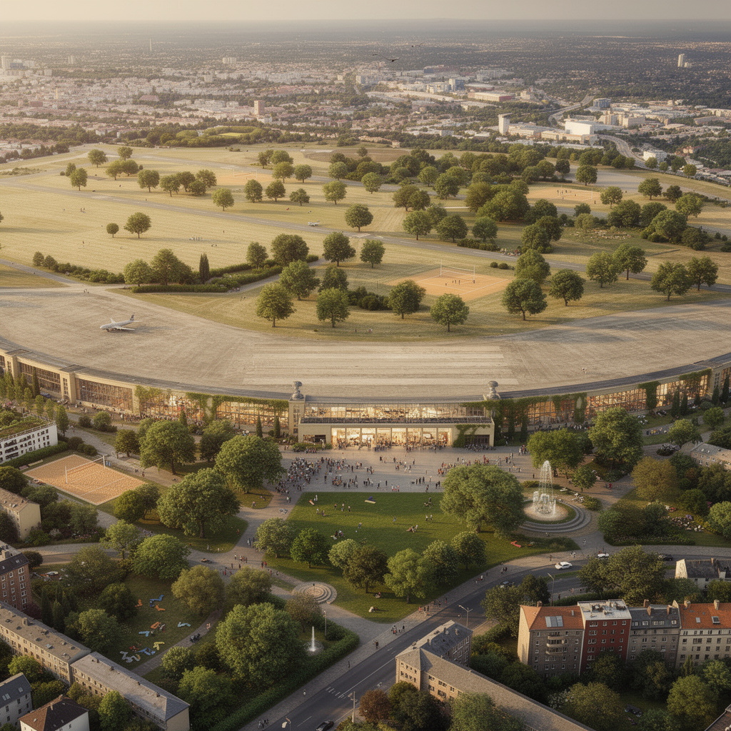 Vision des Tempelhofer Feldes als grüne Klima-Oase mit mehr Bäumen, Sportflächen und einem offenen, zugänglichen Flughafengebäude als sozialer Treffpunkt.