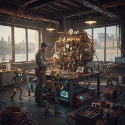 Visualisierung eines Elektronikers im Jahr 2040: In einem industriellen Prototypen-Labor mit Blick auf die Spree baut er eine komplexe, steampunk-artige Anlage, umgeben von Werkzeug und kleinen helfenden Robotern.