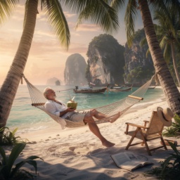 Ein Eventmanager im Ruhestand entspannt 2040 in einer Hängematte an einem thailändischen Traumstrand – eine Zukunft ganz ohne künstliche Intelligenz, geprägt von Ruhe, Natur und menschlicher Gelassenheit.