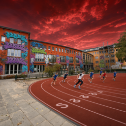 Das Haus der Jugend mit einer roten Einlaufbahn auf dem Vorplatz, bunten Graffitis an der Fassade und einem roten Himmel.