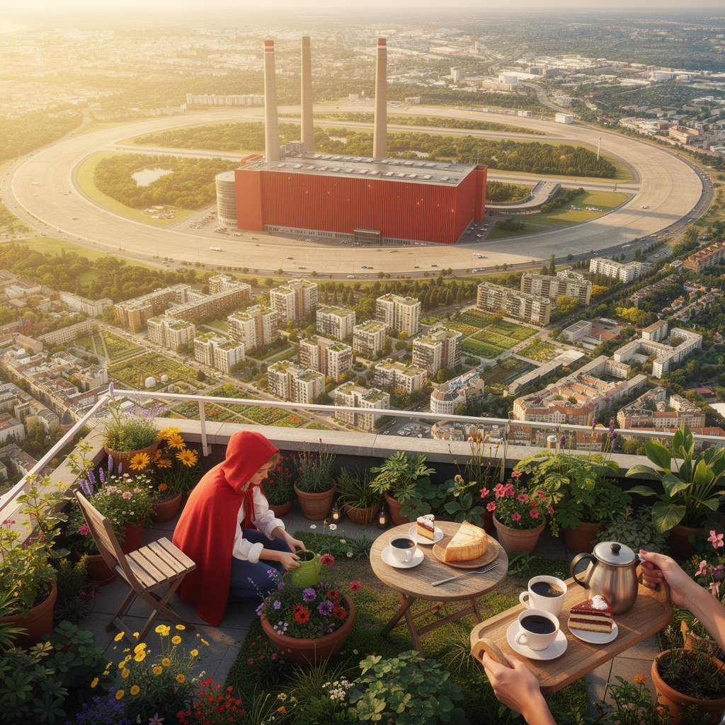 Eine immersive Zukunftsvision des Tempelhofer Feldes aus der Ich-Perspektive: Der Betrachter trägt ein Tablett mit Kaffeetassen, Kanne und Kuchen im detaillierten Garten mit Rotkäppchen, im Hintergrund das Kraftwerk-Gebäude mit drei Schornsteinen und rotem Wellblech, und ein neues Wohnviertel auf der Wiesenfläche.