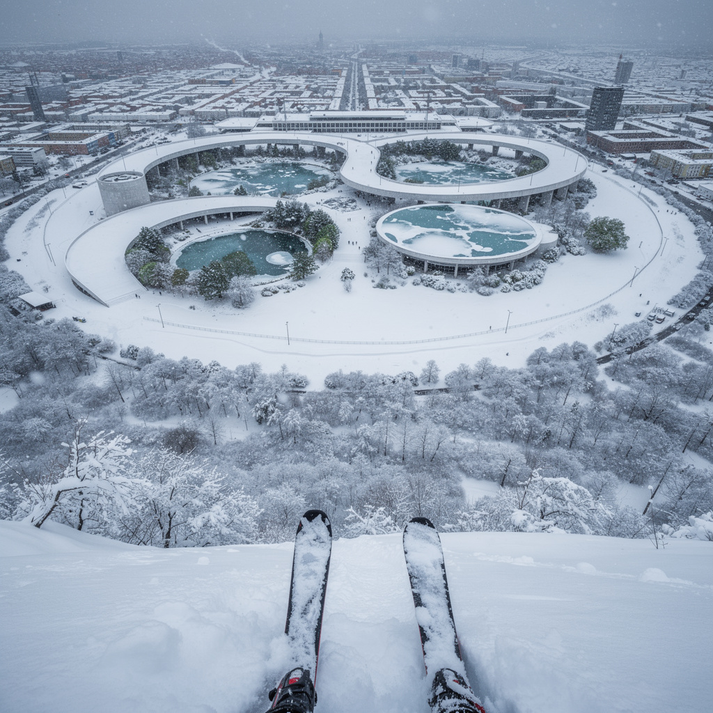 Skifahrer-Perspektive auf verschneite Tempelhofer Feld Vision im Winter mit Niemeyer-Architektur.