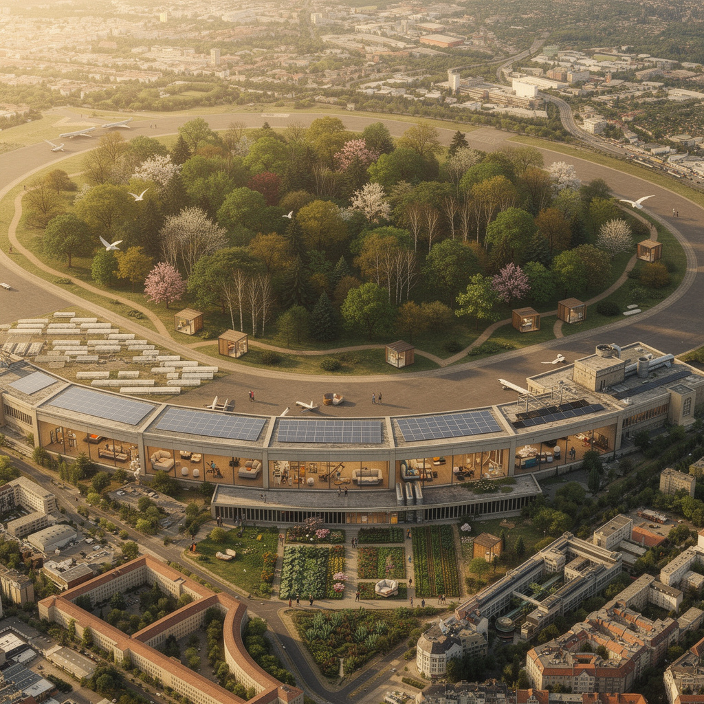 Zukunftsvision: Tempelhofer Feld als Wald mit Holzhütten, das Flughafengebäude als kreative Schule mit Gemüsegarten, Solarpanels und Menschen beim kreativen Schaffen.