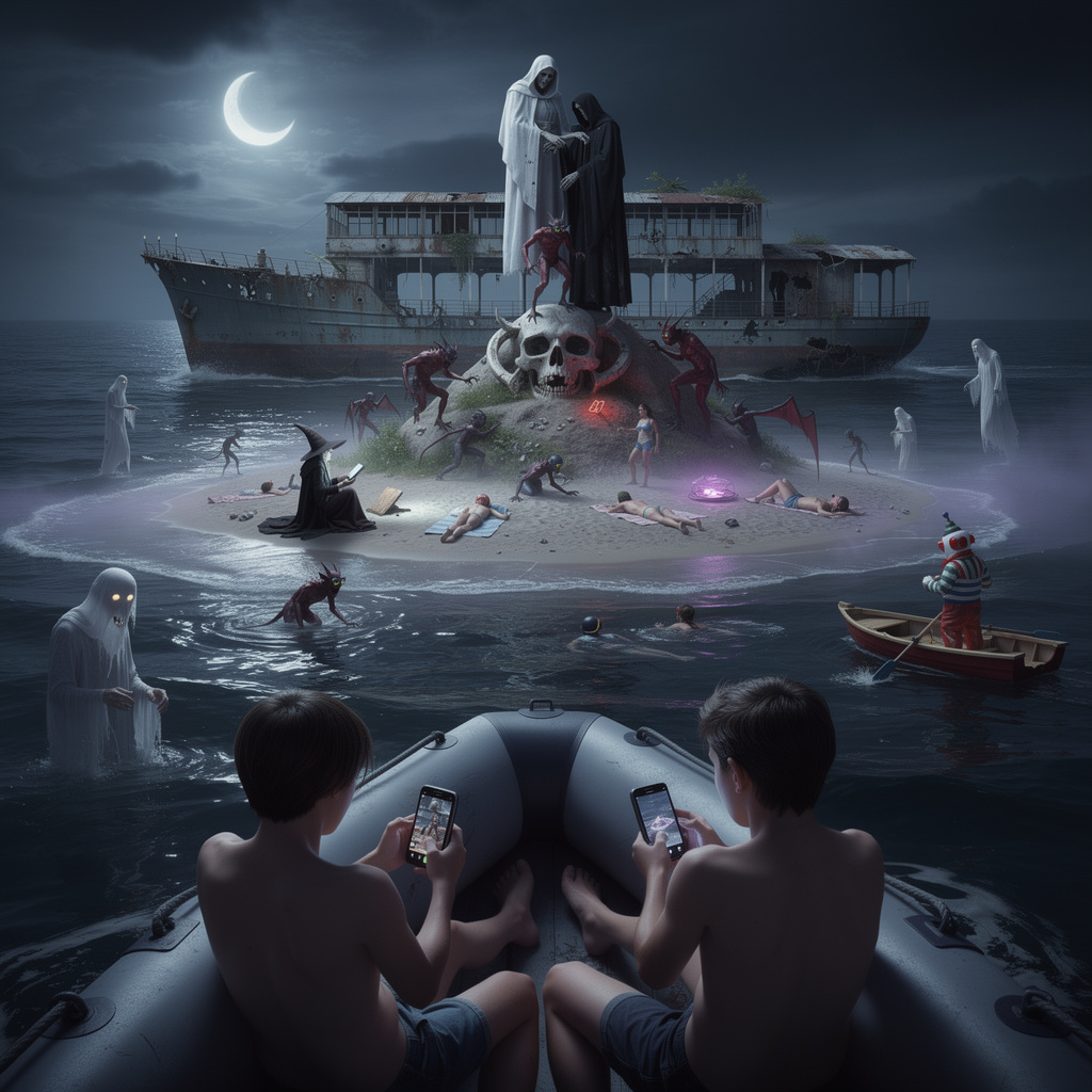 Eine surreale Nachtszene des Tempelhofer Feldes als verwunschene Insel mitten im Ozean mit Schädelhügel, Sensenmännern, Dämonen und einem Geister-Flughafenschiff im violetten Nebel.