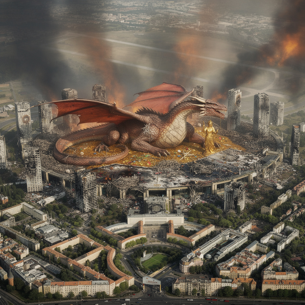 Eine dystopische Zukunftsvision des Tempelhofer Feldes: Ein riesiger Drache liegt auf einem Schatz, darunter die Gold Else, mit zerstörten Hochhäusern als Nest. Das Flughafengebäude ist stark beschädigt aber erkennbar. Rauchig und verbrannt.