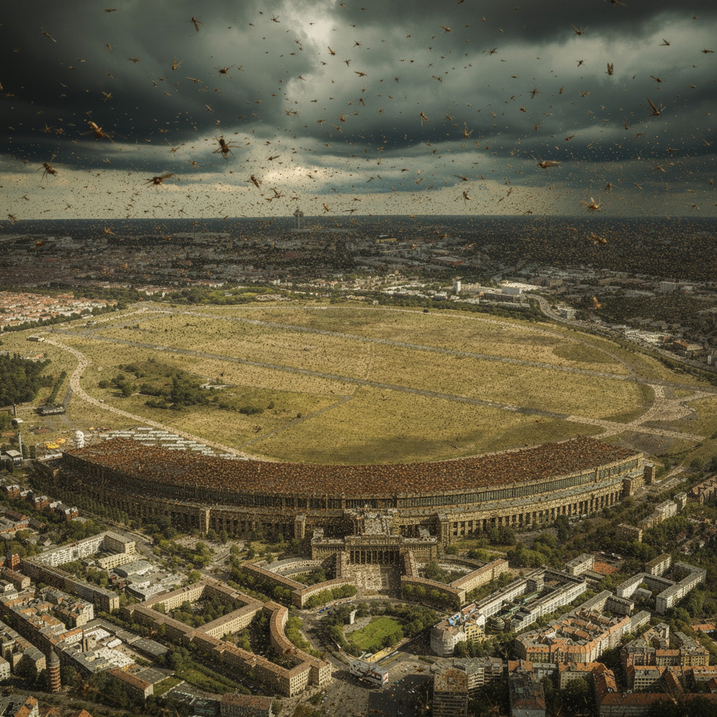 Apokalyptische Vision des Tempelhofer Feldes: Ein riesiger Heuschreckenschwarm bedeckt das gesamte Feld und das Flughafengebäude, verdunkelt den Himmel und erzeugt eine düstere, dystopische Atmosphäre.