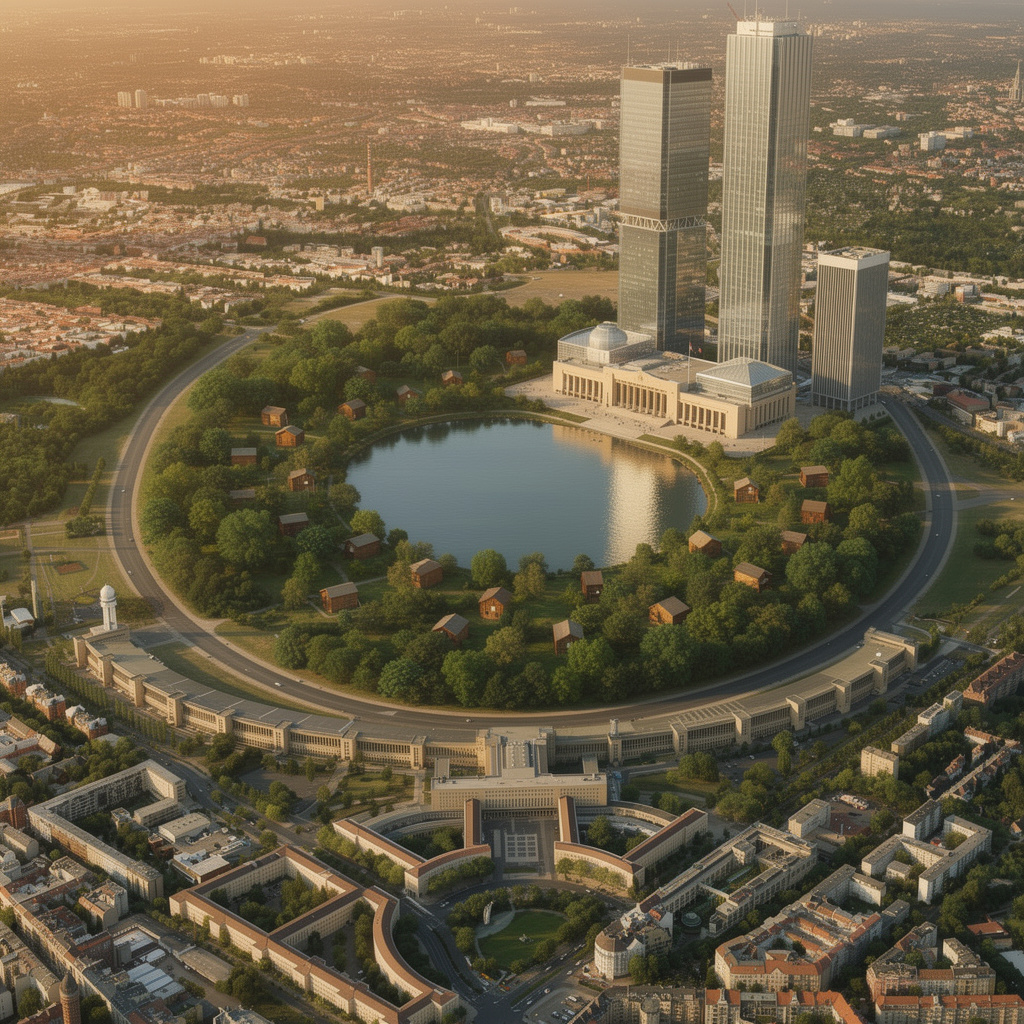 Zukunftsvision des Tempelhofer Feldes: Holzbungalows mit See auf dem Feld, das Flughafengebäude als Finanzzentrum mit Wolkenkratzern.