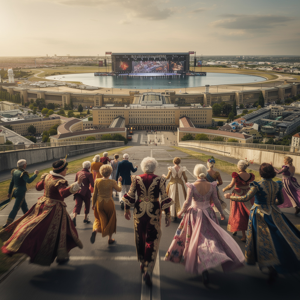 Eine visionäre Zukunftsvision des Tempelhofer Feldes mit Bregenzer Festspielen Seebühne und einem opulenten Theater im Flughafengebäude, aus verstärkter Ich-Perspektive mit Menschen in opulenten Kostümen und Hüten, die dynamisch zum Theateringang laufen.