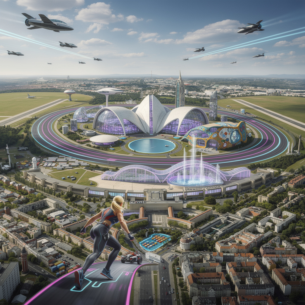 Futuristische Vision des Tempelhofer Feldes mit TRON-Bahn, Containerdorf, Rollbahnen, neon-durchfluteter Glashalle im Hundertwasser-Stil und sicheren Flugbahnen