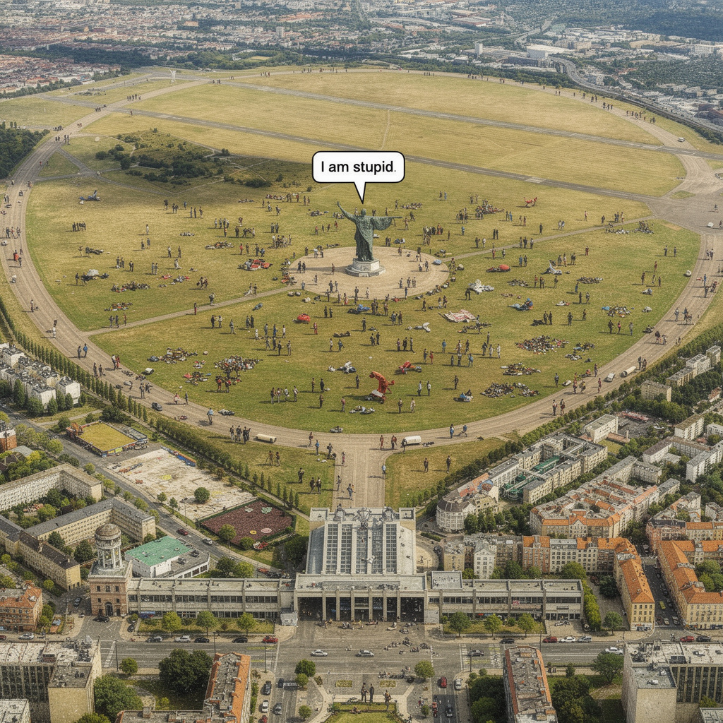 Zukunftsvision des Tempelhofer Feldes mit vielen Menschen auf der Wiese und einer großen Statue im Zentrum, das Flughafengebäude bleibt unverändert