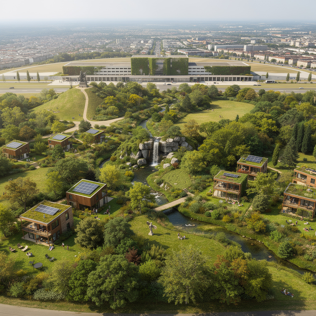 Panoramische Zukunftsvision des Tempelhofer Feldes als grüne Öko-Oase mit Wald, Wasserläufen, Öko-Wohnbauten und Lilienthal-Denkmal. Das Flughafengebäude wurde zu einem nachhaltigen Flachbau umgestaltet.