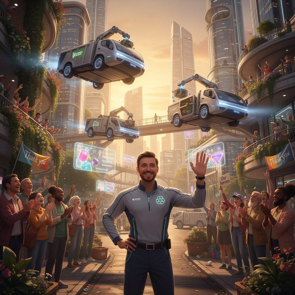 Ein Müllmann im Jahr 2040 wird von der Bevölkerung gefeiert, während fliegende Müllautos elegant durch eine futuristische, grüne Stadt schweben.